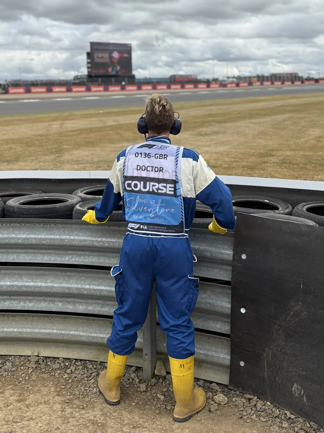 A doctor on duty beside the racing circuit at Silverstone